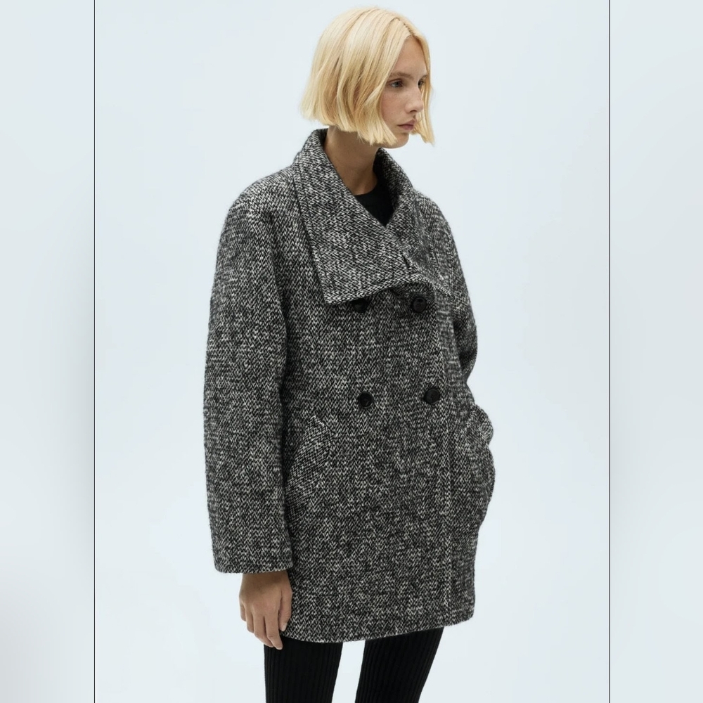 Mango Women's Mottled Double-Breasted Black & White Tweed Pea Coat